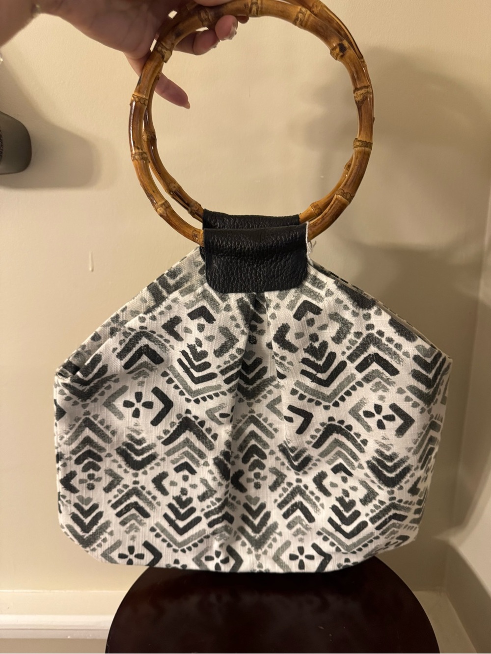 Handmade Black & White Geometric Bamboo-Handle Satchel